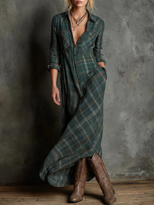 Laluna™ - Long dress with green checked lapels
